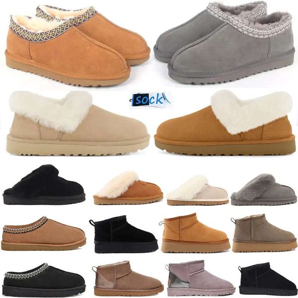 

designer tasman slippers ankle boots chesut fur slides sheepskin shearling tazz mules women men ultra mini platform boot slip-on shoes, Black