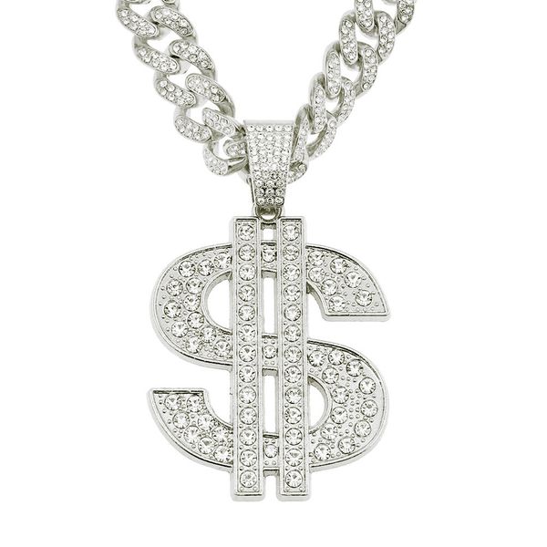 

hip hop men rapper shiny diamond pendant gold necklace us dollar pendant micro-inset zircon jewelry night club accessory sweater collarbone, Silver