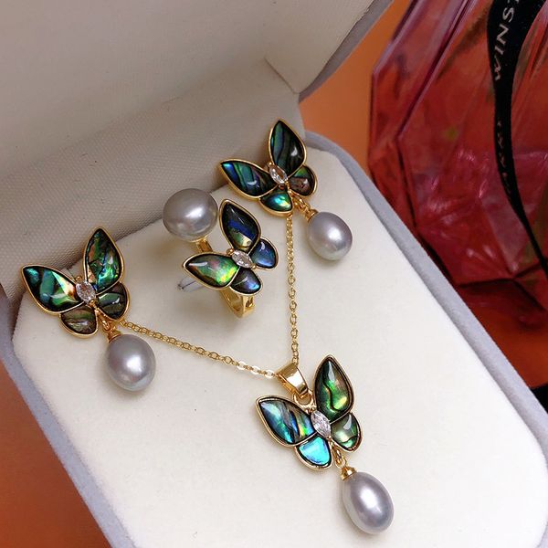 

wedding jewelry sets one set freshwater pearl abalone shell white black pink purple rice ring earrings pendant butterfly 230729, Slivery;golden