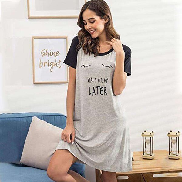 

summer womens short sleeved one piece pajamas for women loose and comfortable dress thin breathable mid length, Black;gray