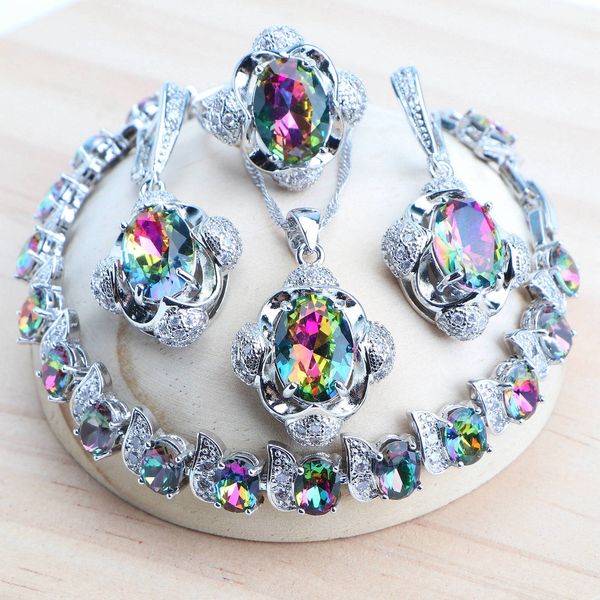 

wedding jewelry sets magic rainbow 925 silver bridal fine costume jewellery women earrings rings bracelets set pendant necklace 230729, Slivery;golden