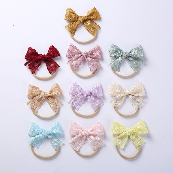 

baby bow headband soft girls nylon headbands cute elastic children hairbands embroided lace toddler hair accessories, Slivery;white