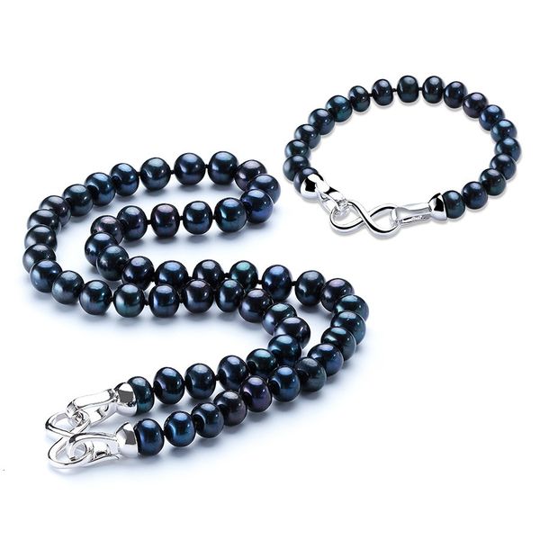 

wedding jewelry sets dainashi design trendy bracelet necklace with 925 silver number eight shape clasp set 8 9mm black freshwater pearl 2307, Slivery;golden