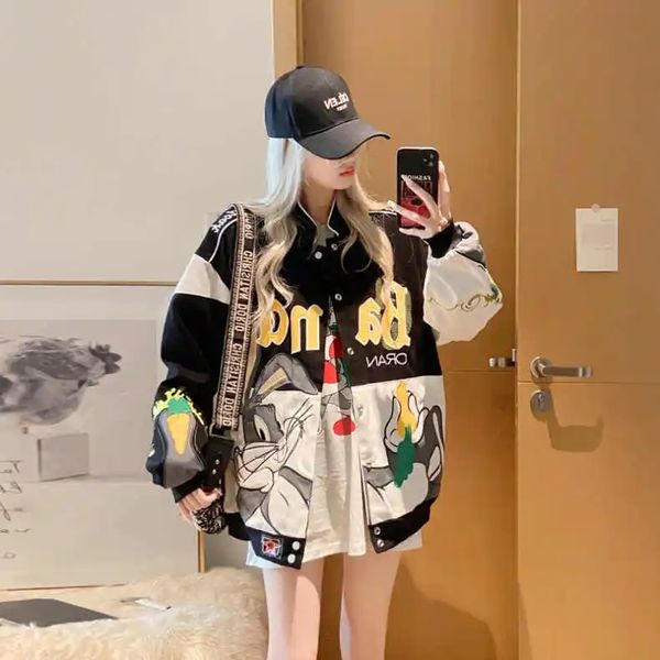 

2023autumn rabbit embroidery baseball thin jacket men women loose bomber coat streetwear long sleeve outerwear, Black;brown