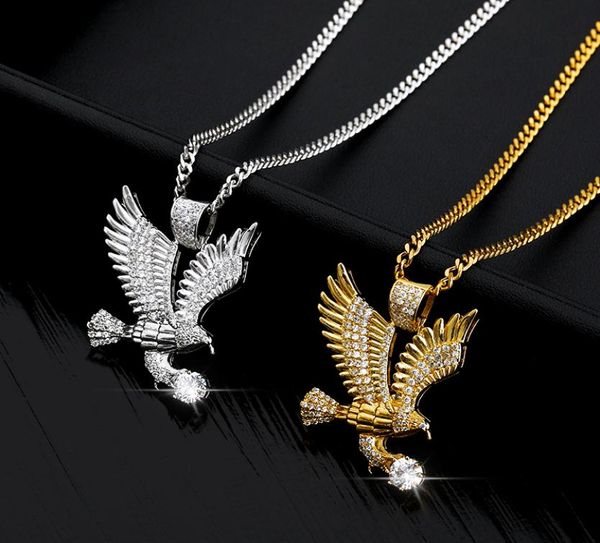 

gold color eagle pendant necklace men stainless steel charm chain necklaces punk zircon rapper choker hip hop jewelry gift6569549, Silver