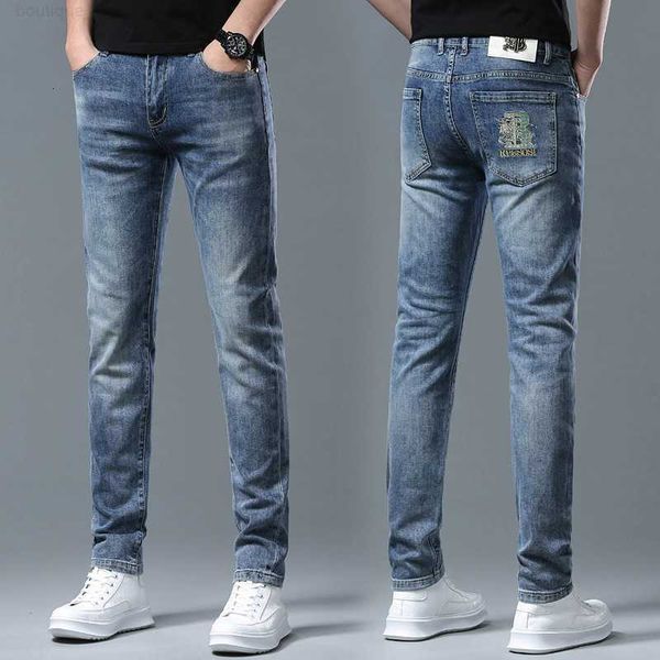 

fashion designer jeans for men' light luxury korean edition thin elastic feet slim fit brand men's clothing, Blue