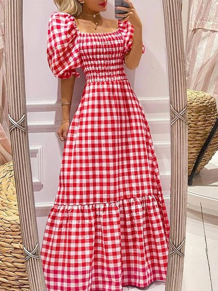 

basic casual dresses vonda summer women maxi dress casual short sleeve square collar vintage plaid party bohemian vestidos loose long sundre, Black;gray