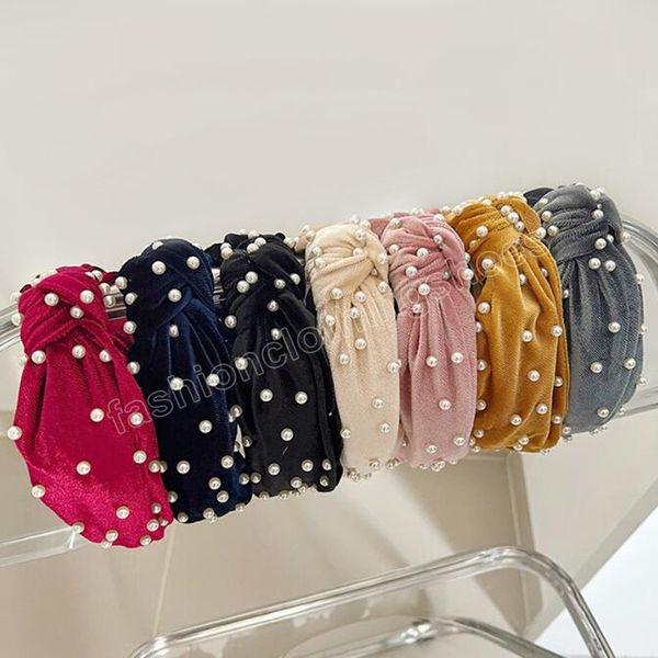

new fashion headband for women casual pearls turban canary velvet center knot hairband vintage hair accessories, Slivery;white