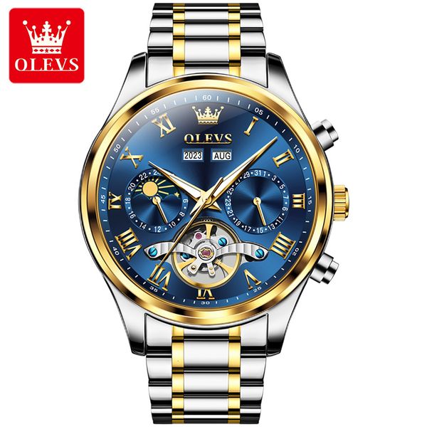 

wristwatches olevs 7005 automatic mechanical men wristwatches stainless steel strap waterproof fashion watch for men calendar week display 2, Slivery;brown