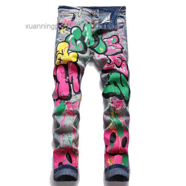

men's jeans men colored doodle painted denim streetwear punk stretch pants buttons holes ripped slim pencil mk3d, Blue