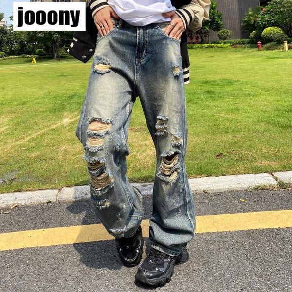 

men's jeans 2023 autumn wear casual retro korean stytle fashion vintage personalized straight tube hole high street trousers, Blue