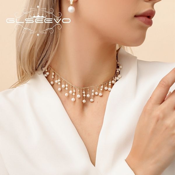 

strands strings glseevo natural fresh water small pearl necklace luxury for women wedding engagement tassel chain choker fine jewellery gn02, Black