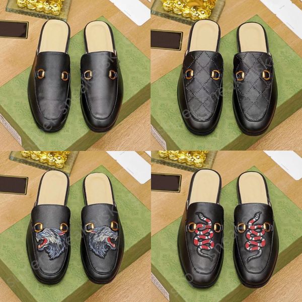 

classic men slippers loafers metal buckle embroidery sandals men leather half slipper casual mules size 38-46, Black