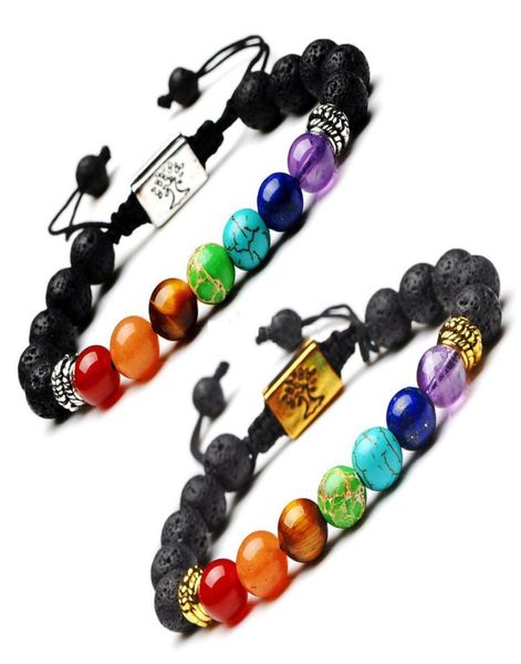 

fashion black lava stone essential oil diffuser bracelet square tree of life 7 chakra beads women men yoga buddha bracelets jewelr6132215, Golden;silver