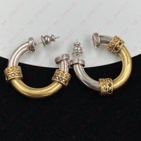 

hoop & huggie brass engraved vintage pattern inset rhinestone two-color splice circle darkness earrings, stylish men and women personality e, Golden;silver