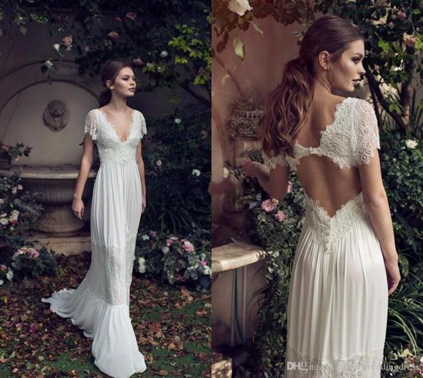 

2019 vintage beach wedding dresses lihi hod lace bohemian deep v neck backless boho bridal gowns floor length applique short 9193293, White