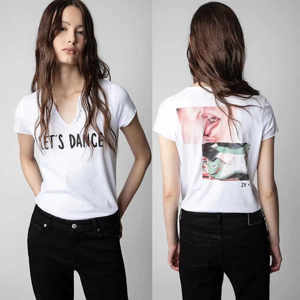 

23ss designer tide t shirts zadig voltaire pure cotton t shirt designer front letter back digital printing tongue kiss u-neck short sleeve t, White