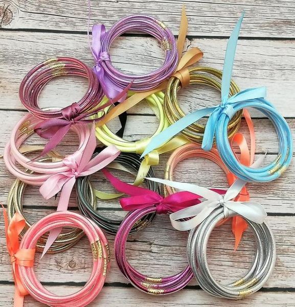 

5pcs set all weather glitter bangles set glitter filled silicone plastic bowknot jelly summer bracelets wjl40664045455, Golden;silver