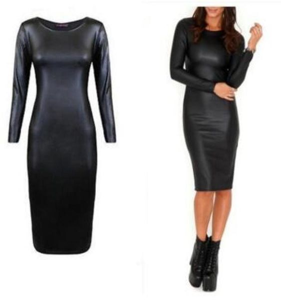 

fashion black shiny pu leather pencil dress shining round neck long sleeve midi bodycon dresses party dress plus size sxxl6483531, Black;pink