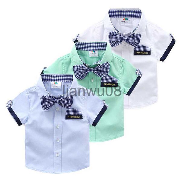 

kids shirts 2023 summer 2 3 4 5 6 7 89 10 years children's birthday party clothing cotton short sleeve plaid kids handsome boy bow tie, White;black