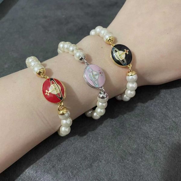 

western empress dowager gold and silver edge enamel colorful paint magnetic absorbent saturn pearl bracelet women's french fashion hand, Golden;silver