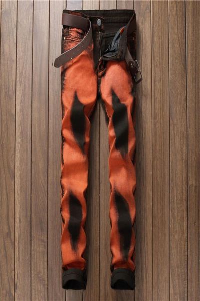 

wholemen039s casual handpainted print jeans club night barber jeans fashion slim straight orange stretch denim pants long2505774, Blue