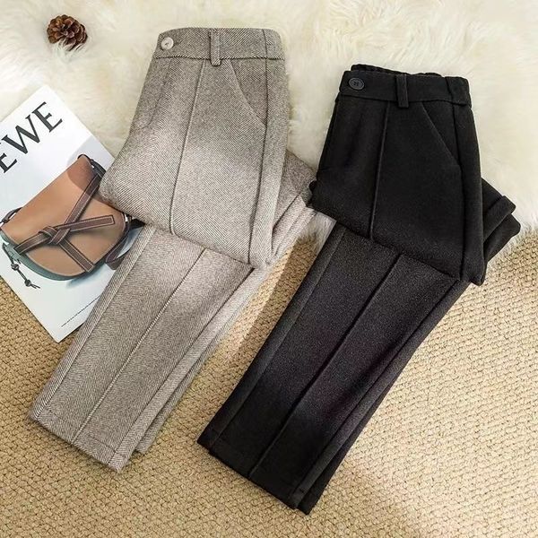 

women s pants capris fashion woolen autumn winter trousers pocket elastic high waist button thin thick casual harem 230729, Black;white