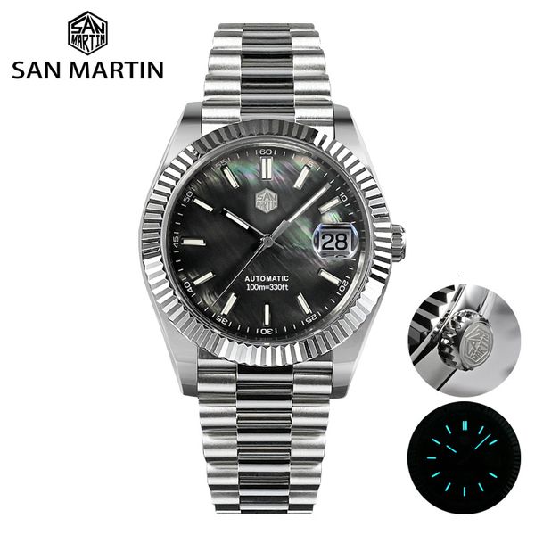

other watches san martin men watch 40mm vintage mop dial retro business luxury sapphire pt5000 automatic mechanical carving fluted bezel 10b, Slivery;black