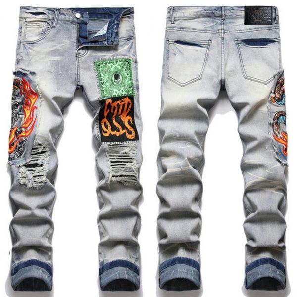 

mens jeans designer for men pants letter pattern printing fit motorcycle distressed ripped biker denim quality fashion jean straight regular, Blue
