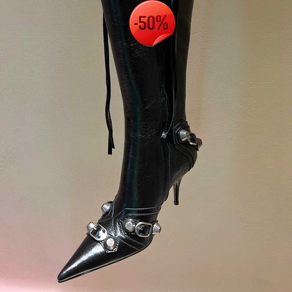 

cagole lambskin leather knee-high boots stud buckle embellished side zip shoes pointed toe stiletto heel tall boot luxury designers shoe for, Black