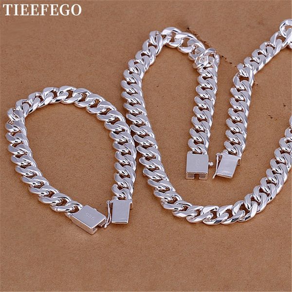 

wedding jewelry sets tieefego 925 sterling silver bracelets necklace set for men classic 10mm square chain 20 22 24 inch fashion party gift, Slivery;golden