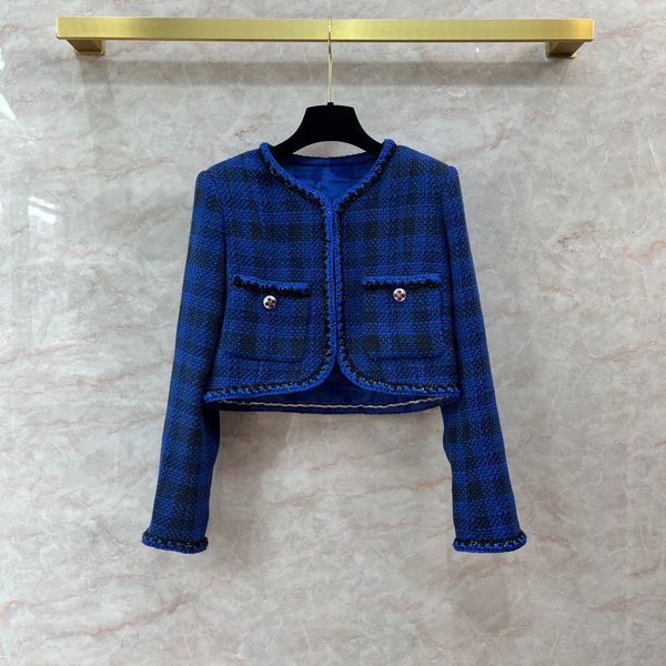 

c1013 luxury royal blue new heavy duty striped plaid woven tweed jacket with handmade exposed navel short cardigan, Black;brown