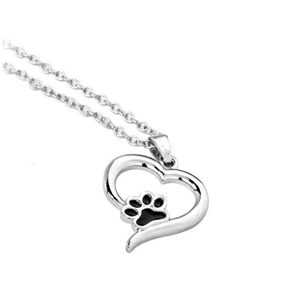 

new fashion cute animal dog cat puppy paw in love heart charm necklace black oil paw pendant sisters girls kids family gift efn0178182402, Silver