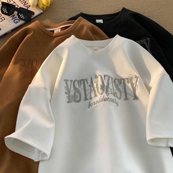 

galleries 400g heavyweight embroidered t-shirt men's short sleeve american retro large loose half sleeve summer suede clothes, White;black