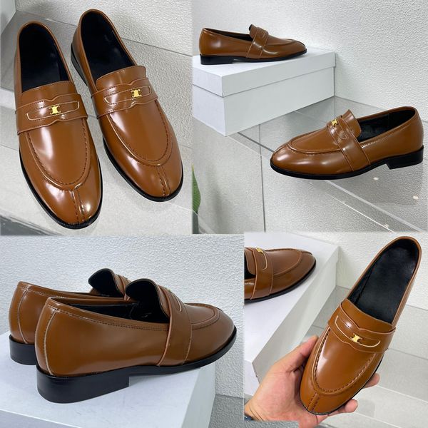 

womens designer triomphe loafers career leisure new brown flat loafer comfort calfskin leather loafers upper with signature logo non slip ru, Black