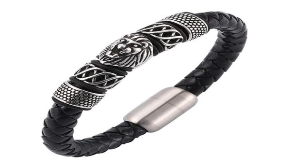 

punk men jewelry black braided leather bracelet lion bracelet steel magnetic clasp male bijoux homme c007290519211325478, Golden;silver