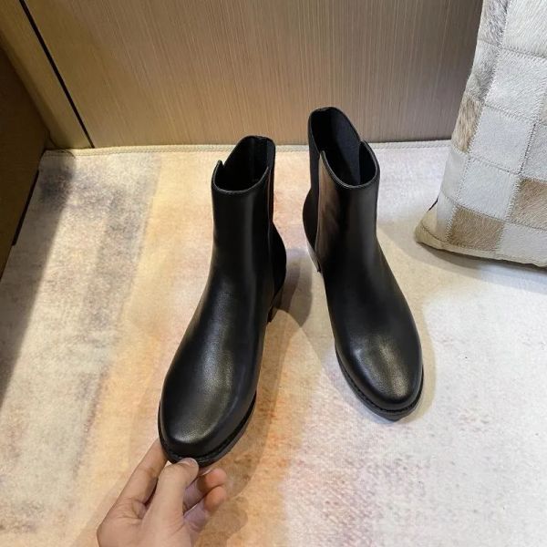 

brand calfskin ankle chelsea boot leather luxury designer slip on shoes women's chunky med heels round toe martin boots factory shoes, Black