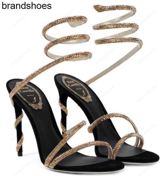 

rene caovilla cleo open toe sandals crystal embellished spiral wrap around sandals twining rhinestone sandal women rainbow stiletto heels sh, Black