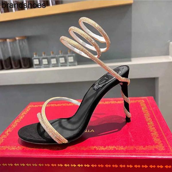 

new rene caovilla cleo stiletto sandals crystals gem embellished heels evening shoes women high heeled luxury party designers party wraparou, Black