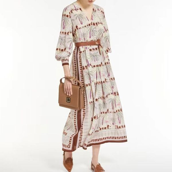 

designer dress niche women designer clothing retro v-neck long sleeved waistband positioning printed long dress 7, Black;gray