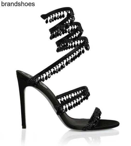 

stiletto sandals luxury designer rene caovilla crystal chandelier rhinestone twining foot ring high heeled womens shoes narrow band 10cm hee, Black