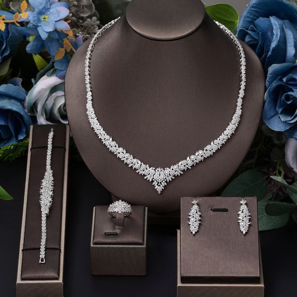 

wedding jewelry sets 4 pieces of bride zirconia full set of women's party jewelry luxury dubai nigeria cz luxury crystal wedding neckla, Slivery;golden