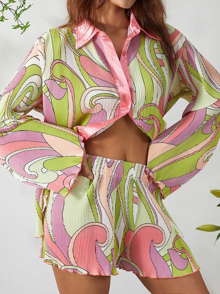

women's two piece pants wsevypo women two-piece pleated shorts suits chic fashion flower print long sleeve shirts and loose shorts matc, White
