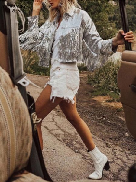 

women's jacket tassel sequin 2023 summer autumn streewear rock bf retro longsleeved silver reflective women outwear 230729, Black;brown