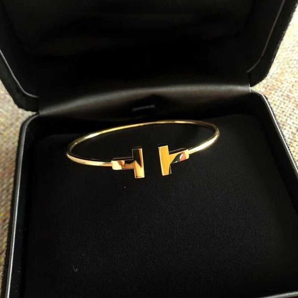

s925 sterling silver precision double t open women's fashion aperture smooth face bracelet temperament versatile celebrity same style, Golden;silver