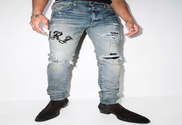 

mens jeans designer istressed motorcycle biker jean rock skinny slim trousers3237813, Blue