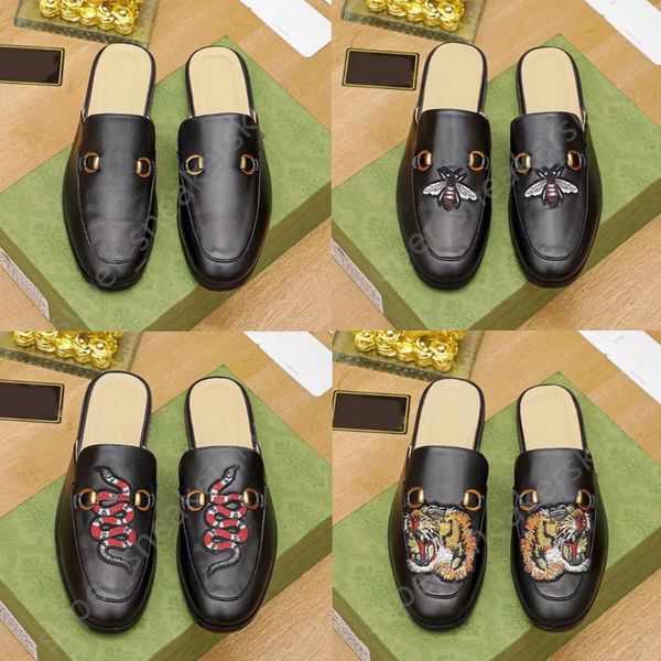 

classic casual mules men loafers slippers metal buckle embroidery sandals mens leather half slipper size 38-46 with box, Black