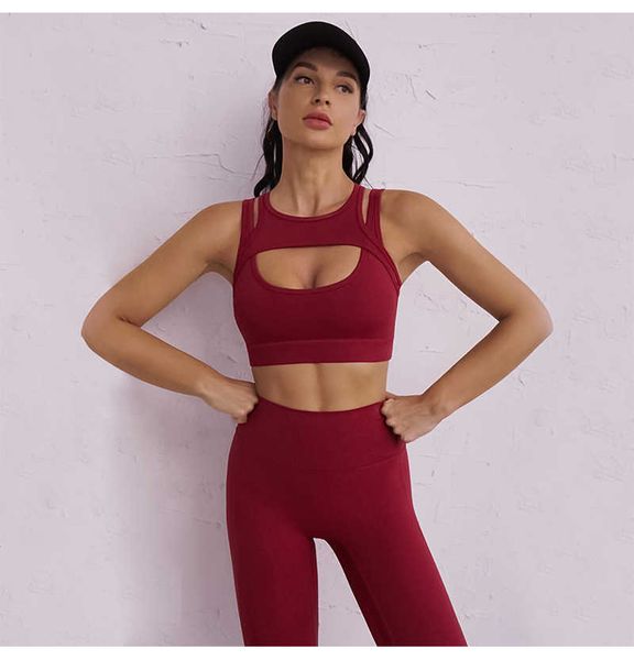 

nude feel gathered shockproof and beautiful back sports bra high waisted t-breathable and tight yoga set, White;red