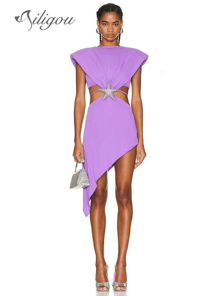 

basic casual dresses ailigou 2023 women s sleeveless diamond starfish belt hollow asymmetric bandage dress elegant celebrity party 230729, Black;gray