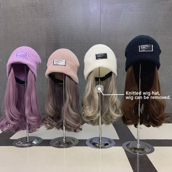 

beanie skull caps trend long curly wig hats knitted women casual hat invisible detachable cold beanies winter warm bonnets 230729, Blue;gray